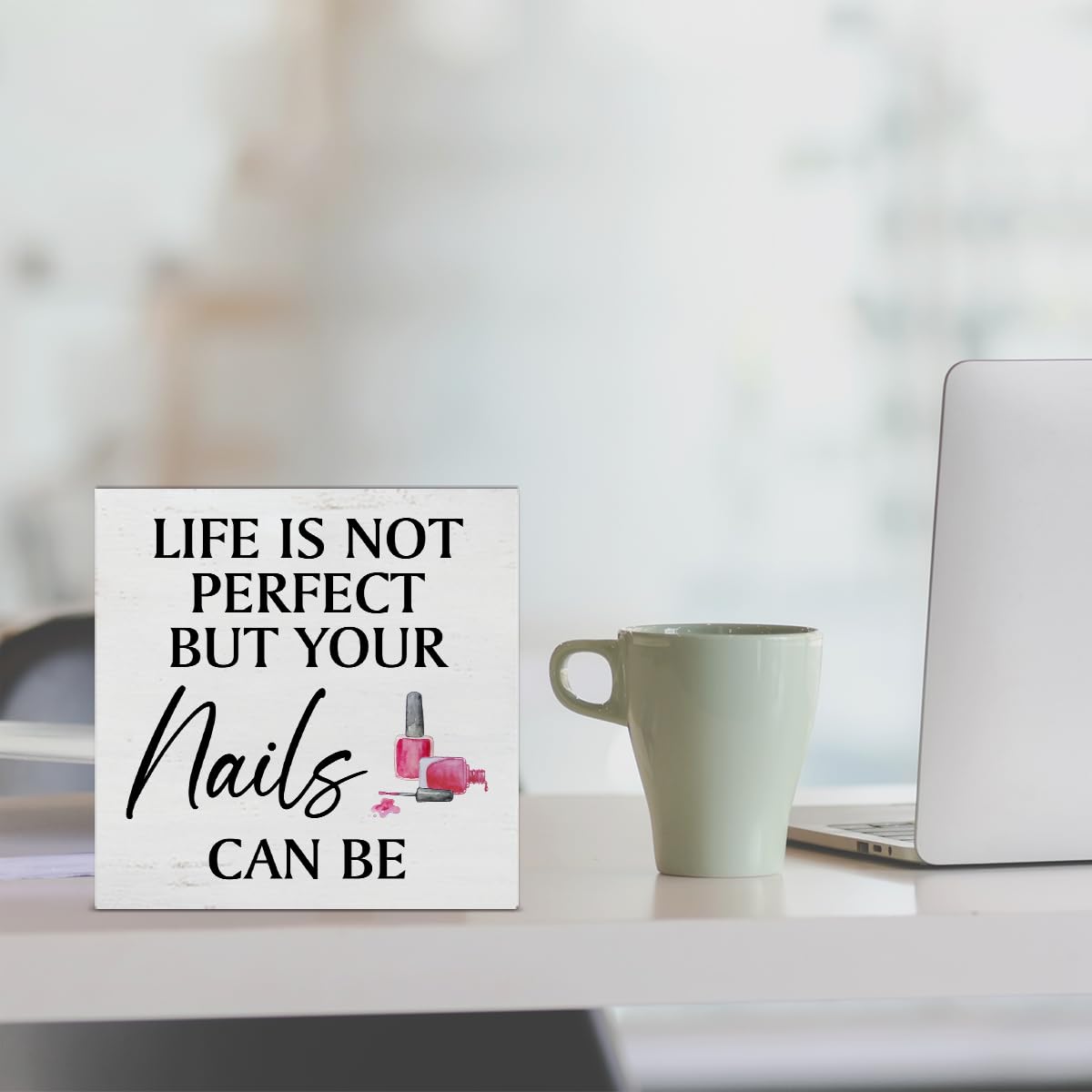 Nail Tech Gift - Nail Technician Gift Ideas - Rustic Life Is Not Perfect But Your Nails Can Be Wooden Sign Home Girls Bedroom Salon Beauty Shop Decor - 5 x 5 Inches