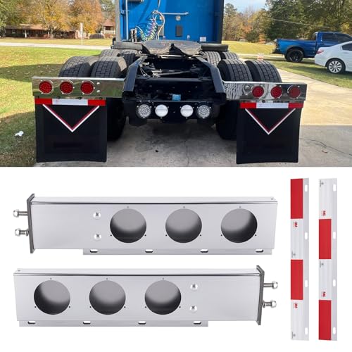 Image of Stainless Steel Mud Flap Hanger Set with 3M Aluminum Reflective Tapes, 2.5 inch Bolt Spring, 2-1 /2 inch Bolt Spacing 30 inch Length Rear Bar with Circle Light Cutouts, Loaded for Semi Trucks