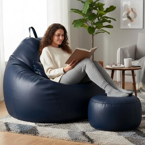 Image of KAM'S LIEU Leatherette Bean Bag Chair with Footrest | Filled with EPS Beans | Comfortable Sofa for Living Room & Bedroom | 4XL Size, Easy to Clean Color- (Navy Blue)