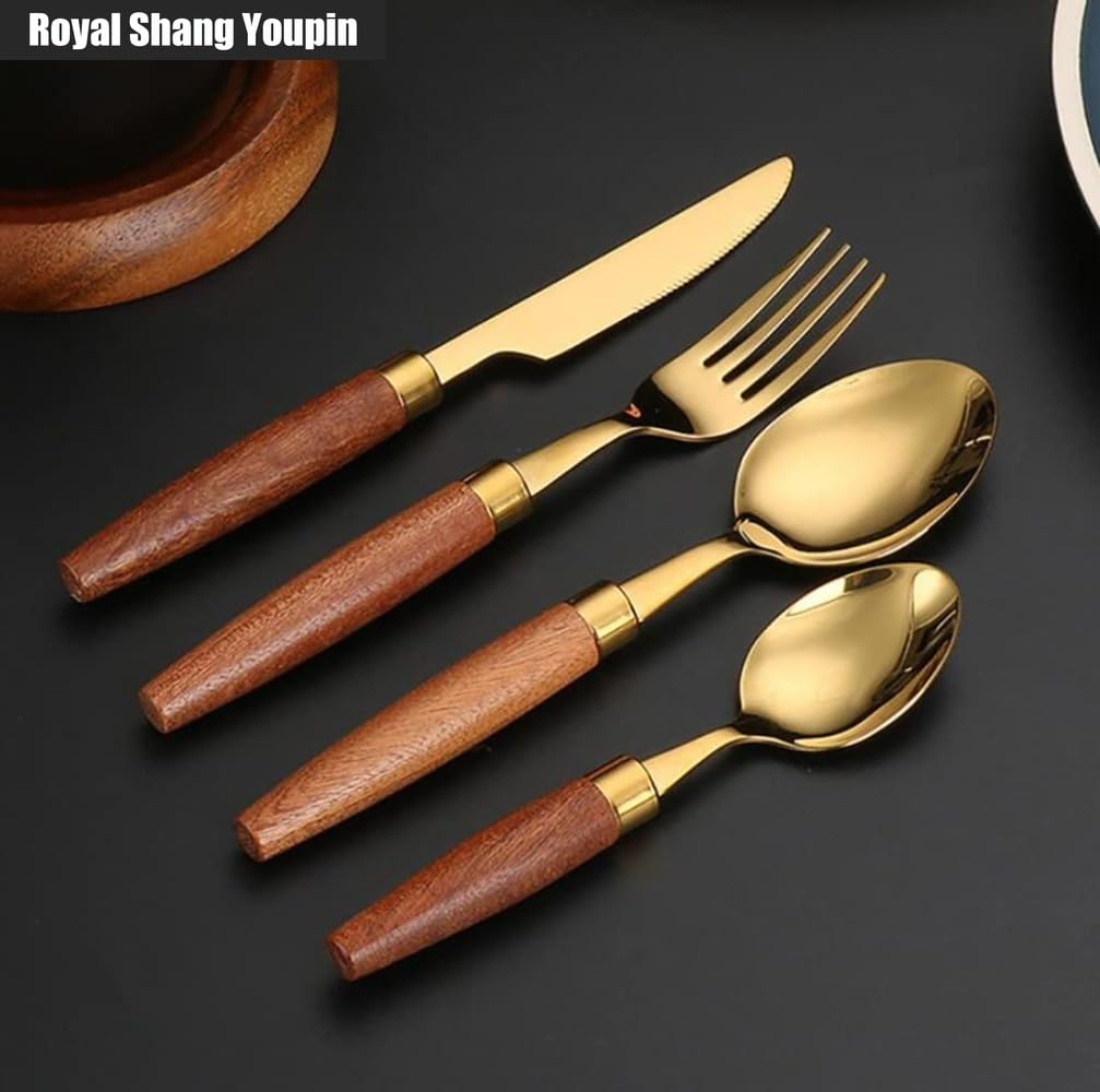 Unico Manico in Legno Da Cucina in Acciaio Inox Posate Posate Posate Set Coltello Da Bistecca Forchetta Cucchiaio Cucchiaino (Oro,16 pezzi)