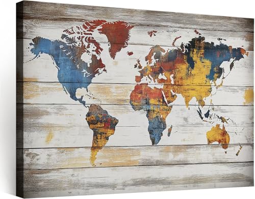 Cuadros decorativos Beige roto Impreso en Lienzo 1 pieza, Lienzos Dormitorio Decoración Vintage Rústico Industrial Mapa del Mundo Cuadros para Pasillo Oficina Comedor Baño (70 x 50 cm) con Marco