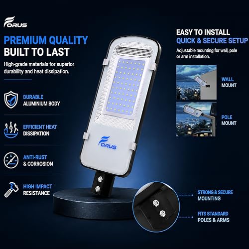 Image of Forus 50W LED Street Light Outdoor with 4 Year Warranty, High Power Floodlight, IP66 Waterproof Road Light, Parking Lot & Industrial Area Lighting, Energy Saving Aluminium Body, Cool White (1 PC)
