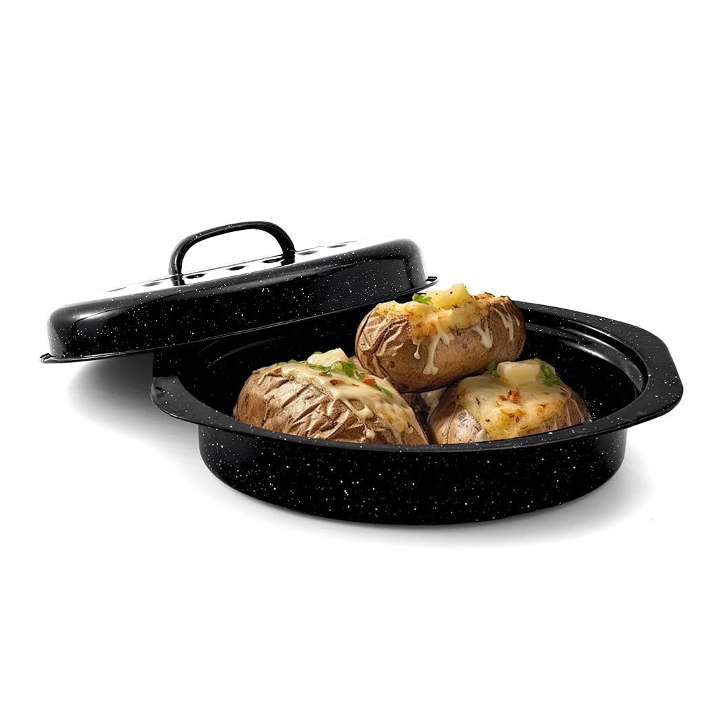 Photo 1 of 13” Enamel Roaster With Lid Oval Roasting Pan For Oven,Turkey Roaster Pot Broiler Pan Chicken Vegetables Suitable For Dining With Two People High Cookware Small Baking Pan