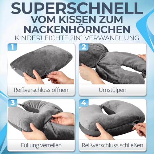 Heimwert Reisekissen - 2in1 Nackenkissen Stützkissen,Nackenhörnchen, 37x27 cm - Travel Pillow für Flugzeug, Camping, Reise - Ergonomisches Kopfkissen mit Microperlen (Grau)