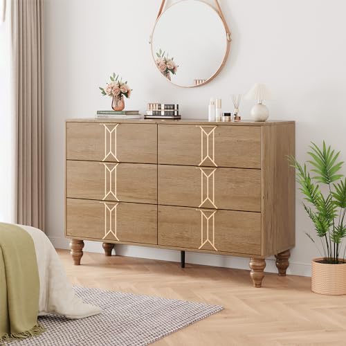GarveeHome Modern Wooden 6 Drawer Dresser with Vintage Pattern Design, Chest Dresser with Deep Drawers for Bedroom, Living Room and Entryway, Oak and