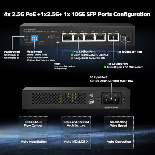 Image of 6 Port 2.5G PoE Managed Switch, 10G SFP+ Slot, IEEE802.3af /at 100W, Support Trunk /LACP /VLAN /QOS /Extender /Watchdog, Metal Multi-Gigabit Desktop /Wallmount Network Switch