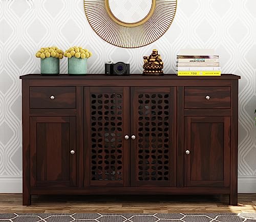 Image of Solid Sheesham Wood Wooden Sideboard Storage Cabinet : Ideal for Living Room and Bedroom with 2 Drawers and 7-Shelf Storage (Mendes, Walnut Finish)