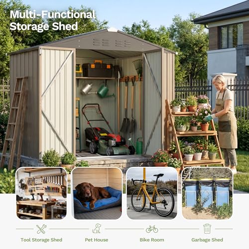 Image of Devoko 8 x 6 FT Storage Sheds with Floor Frame, Waterproof Garden Tool Shed with Lockable Door, Outdoor Metal Utility Shed for Backyard Patio Lawn, Brown