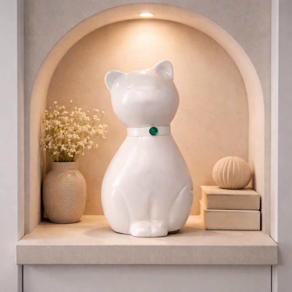 Urn For Ashes Cremation Funeral Memorial Love Urns Decorative Cat Kitty Figurine Pet|Alloy|(White Kitty, 8.5") RCM02-01