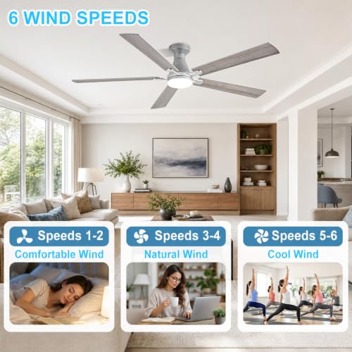 Image of Depuley Modern Ceiling Fan with Light: 60-Inch Nickel Flush Mount Fandelier | Bedroom Indoor Outdoor Use, 5 Reversible Wood Blades, 6 Fan Speeds, Timing Function, Dimmable 3CCT, Remote Control Included