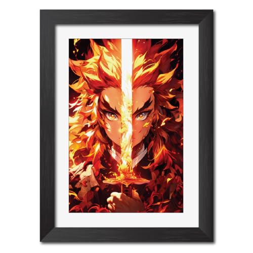 Image of TenorArts Rengoku Poster Demon Slayer Anime Laminated Photo Frame Painting with Matt Finish Black Textures (12inches x 9inches)