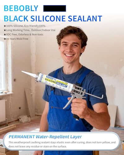 Image of Black Silicone Caulk & Sealant, 100% Waterproof Silicone Caulking, Silicone Sealant Caulking for Kitchen, Bathroom, RV, Interior & Exterior Use, Shrink & Crack Proof, 10.2 FL. OZ /300ML, 1 Pack