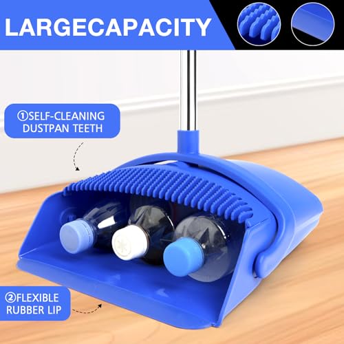 Image of Broom and Dustpan Set, Long Handle Lightweight Dustpans with Broom Combo for Home, Indoor&Outdoor Sweeping for Home Room Kitchen Office Lobby (Dark Blue)
