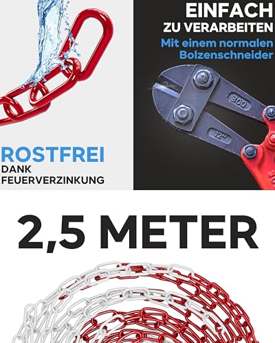 Hochwertige Absperrkette Metall - Verschiedene Längen - Verzinkte Absperrkette Rot Weiß Metall - Absperrung Baustelle, Parkplatz, Veranstaltungen - 2,5m, 5m, 10m, 15m, 25m (5 Meter)