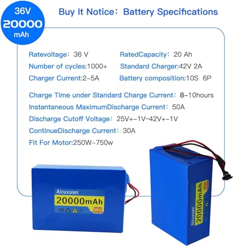 Image of 36V Ebike Battery 20Ah Electric Bike Battery with 2A Charger, T-Plug, XT60 Connector and BMS for 250-750W Electric Bicycles Motor