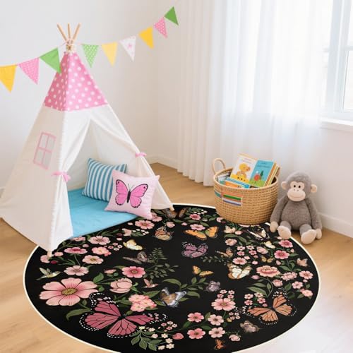Butterfly 4ft Round Rug - 4x4 Washable Circle Rug Soft Large Circle Carpet for Bedroom Living Room Kitchen Nursery, Black