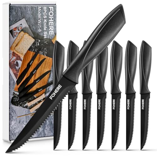 FOHERE Steak Knives Set of 8, Black Serrated Steak Knife, Stainless Steel Kitchen Knife Perfect for Christmas Dinner, New Year Gatherings, Dishwasher Safe