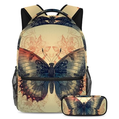 Sac à dos d'école 2 pièces multicolore motif cœur noir avec trousse