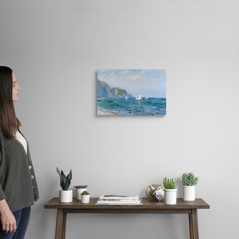 CANVAS ON DEMAND Cliffs and Sailboats At Pourville White Float Framed Canvas Wall Art Print by Claude Monet, Impressionism, Coastal, Traditional, Home Decor, Ocean Artwork,18" x12in