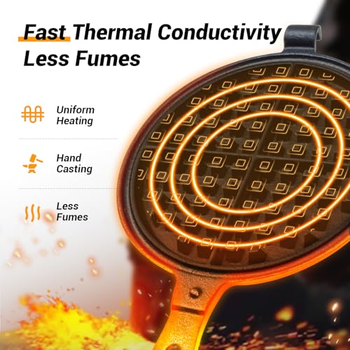 Professional 8-inch Cast Iron Waffle Maker Stove Top | 8 lbs Thickened Body, Quick Heating, Non-Coated Surface | Rustic Round Cast Iron Waffle Iron