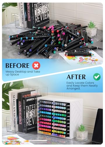 Image of Bamboo Marker Organizer for Desk, Marker Storage Organizer for 140 Markers,Pens, Pencils and Art Brushes,Wooden marker holder for Home, Classroom and Office Decor, White