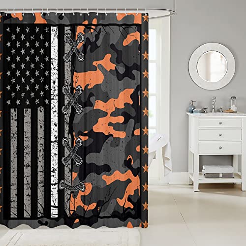 Erosebridal American Flag Shower Curtain Camo Army Bath Curtain for Boys Teen Military Style Army Camouflage Waterproof Cloth Fabric, Vintage Camo USA Flag Grunge Stripes Bathroom Decor,72"