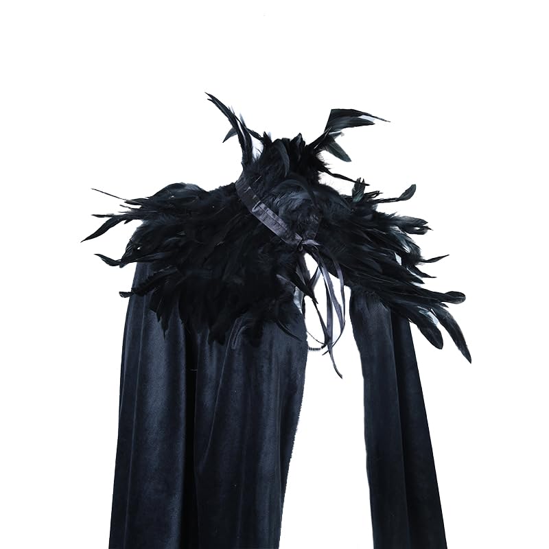 Yoodeet Unisex Gothic Black Witch Velvet Cloak Feather Stand Collar High Necked Feather Scarf Cloak Women Costume Robes Party Costume Extra Long Cape for Men - Image 2