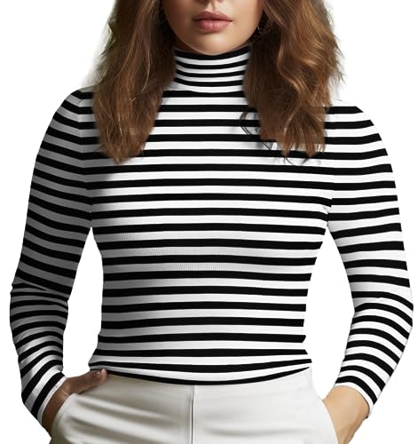 Women's Turtleneck Long Sleeve Top, Striped High Neck Shirt Baselayer Ribbed Stripes Slim Fitted Tee Stretchy3