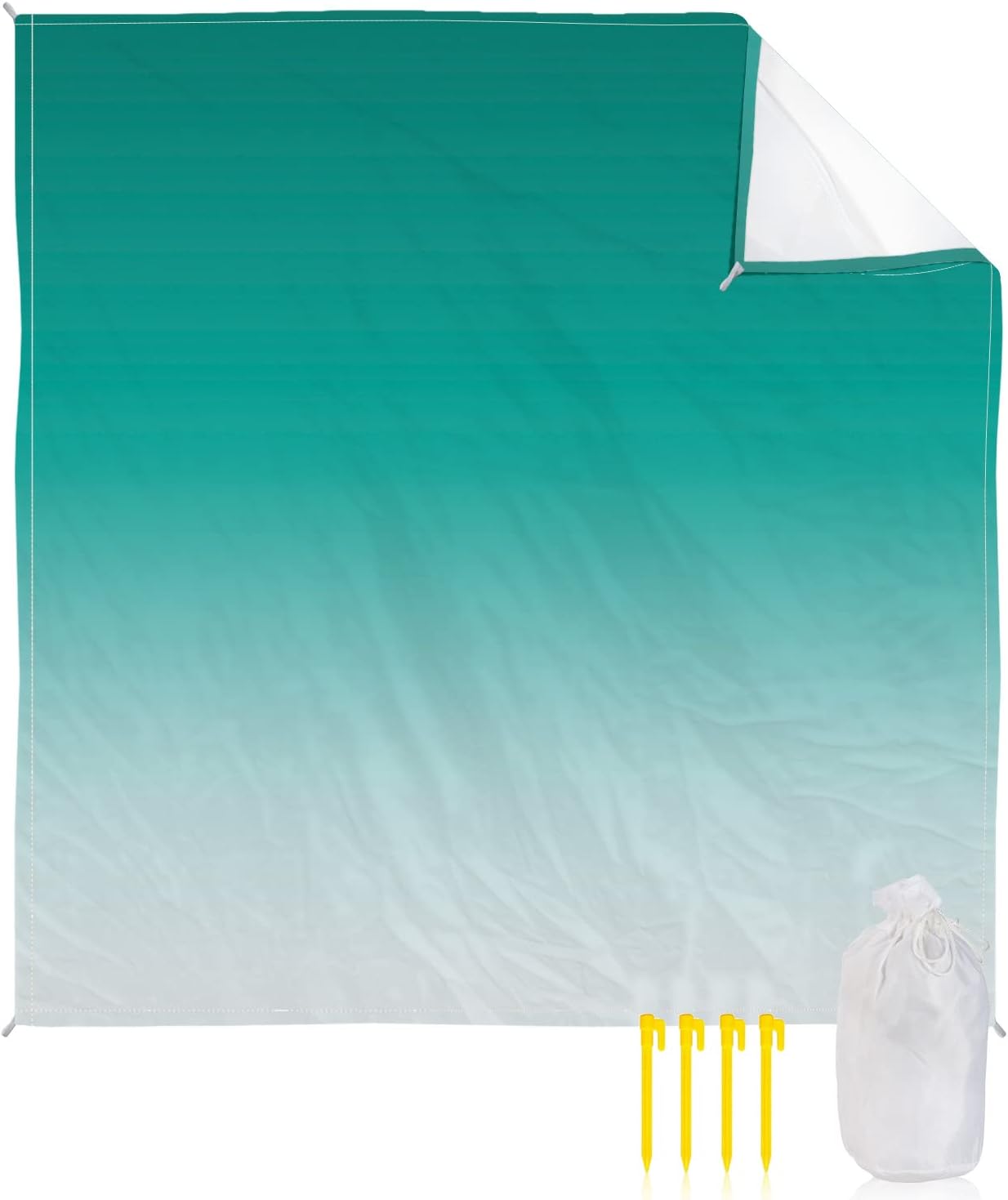 Abstract Art Turquoise Beach Blanket Waterproof Sandproof Outdoor Picnic Mat 108"x84" Color Gradient Lightweight Large Beaach Blankets with 4 Stake & 4 Corner Pockets