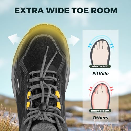 FitVille Men Waterproof Hiking Shoes Extra Wide Walking Shoes Slip-Resistant Trekking Trainers All-Terrain Quick Lace Sneakers for Travel, Camping, Running3