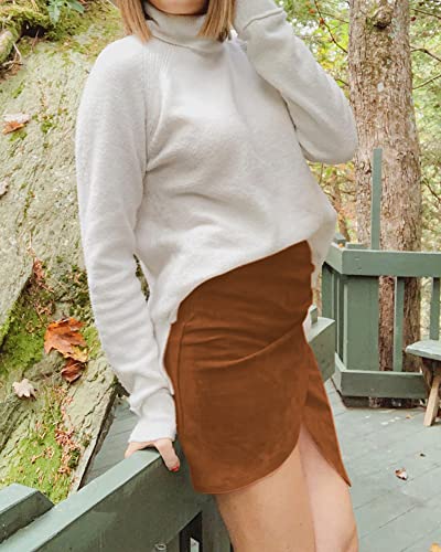 Image of MANGOPOP Women's Basic Faux Suede High Waist A-line Mini Pencil Bodycon Skirt (A02 Brown-1, Small)