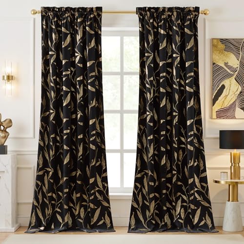 NICETOWN Black Velvet Curtains 2 Panels with Gold Foil Leaf Print – Modern Glam Black and Gold Drapes for Living Room, Luxury Room Darkening Window