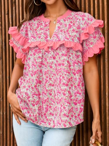 Tankaneo Womens Babydoll Ruffle Sleeve Tops Summer V Neck Pleated Contrast Trim Tshirts Casual Loose Fit Blouse Pink Floral — view 4