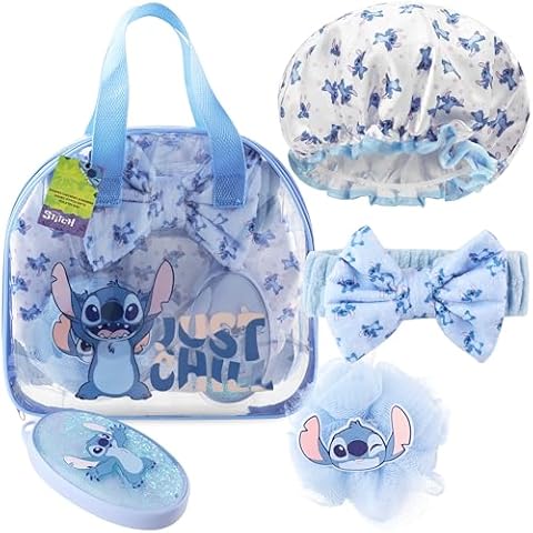 Get Trend Disney Stitch Shower Accessories Set and Clear Toiletry Bag for Girls, Teens, Women with Shower Cap Headband Bath Sponge for Bath Spa Gifts (Blue Stitch) Cover