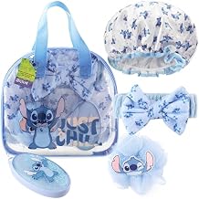 Disney Stitch Shower Accessories Set and Clear Toiletry Bag with Shower Cap Headband Bath Sponge for Bath Spa, Gifts for Girls, Teens, Women Blue Stitch