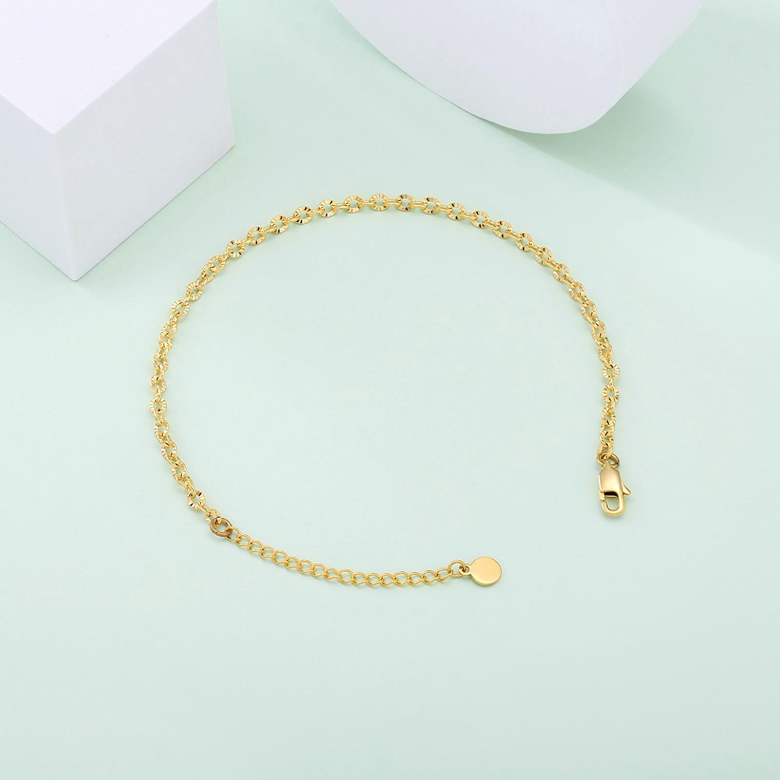 Au585 - Tobilleras de oro blanco para mujer, cadena ovalada de 14 quilates, tobilleras, verano, vacaciones, para mujer, pulsera de abalorios
