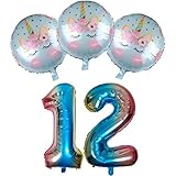 Hace que los corazones de los fans de los unicornios latan más rápido. 3 bonitos globos azules de unicornio + el globo con el número del arco iris, el número 12, perfecto para el cumpleaños.