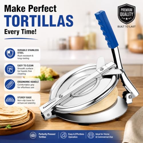 Image of 7.75 Inch / 19.7 CM Stainless Steel Roti & Puri Press | Manual Chapati & Tortilla Maker with Ergonomic Blue Handle | Non-Slip Rubber Feet | Heavy-Duty Kitchen Press for Easy & Even Dough Flattening