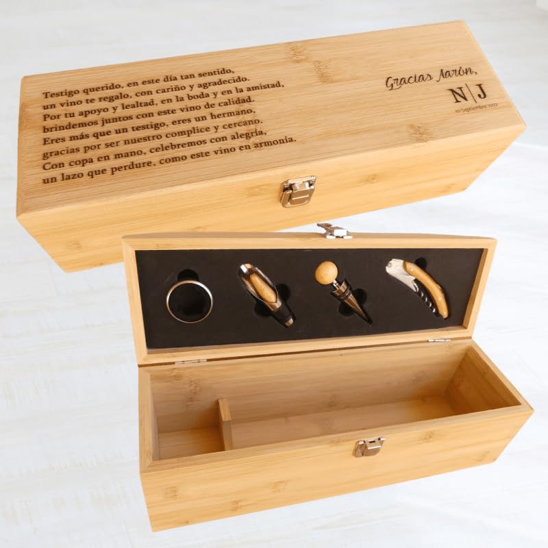Caja de Vino Personalizada para Boda, Regalo Testigos de Boda, Detalles Testigos de Boda, Set de Vino Personalizado con Dedicatoria Grabada en la Madera, Incluye 4 Accesorios para Vino