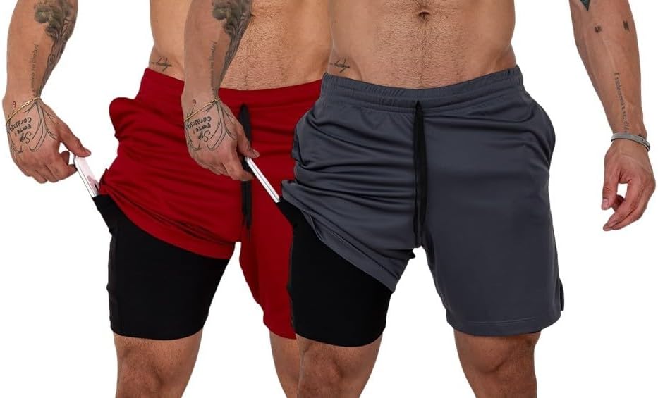 Kit 2 Shorts Duplo Masculino 2 em 1 Bermuda Dry Fit Treino Calção com Bolso Celular Academia Fitness Musculação CLICK MAGAZINE