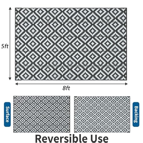 Enipate Geometric Outdoor Rugs for Garden Patios, 5x8ft Waterproof Reversible Decking Rug, Large Plastic Portable Woven Picnic Blankets Carpet Mat