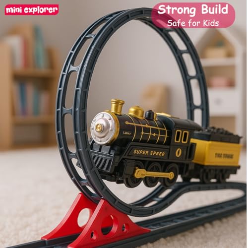 Image of Mini Explorer Electric Train Track Set with Dual 360 Loops | Battery Operated Classic Train Toy with Tracks for Kids | Fun Racing Train Set for Boys & Girls Age 3+ Years | 136 x 64 cm Layout