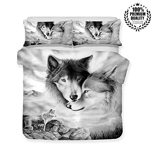 Juego de Ropa de Cama, Morbuy 3D Animal Impresión Microfibra Juego de Fundas de Edredón Incluye Funda Nórdica y Funda de Almohada para Familiar y Niños (Cama 90-150x200cm,Lobo Gris)