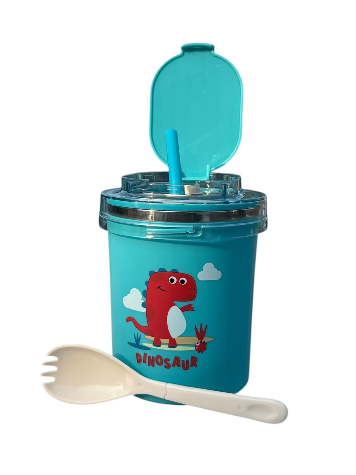 Happy Kids Snack Cup with Spoon & Flip Lid | Spill-Proof Toddler Snack Container | Dinosaur Design | BPA-Free Food Storage Cup, School & Travel (Blue)-image-45