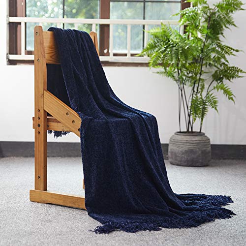 DOZZZ Fluffy Chenille Knitted Throw Blanket with Decorative Fringe for Cover Home Décor Bed Sofa Couch Chair Navy Blue