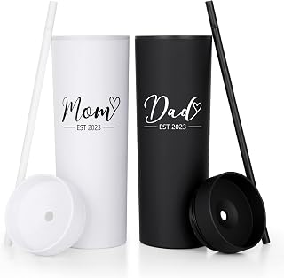 Mom Dad Gifts for Couples, Mom & Dad Est 2023 Skinny Tumbler with Straw for New Parents New Pregnancy New Dad New Mom, Plastic Skinny Tumblers for Christmas Mother's Day Father's Day, 16oz