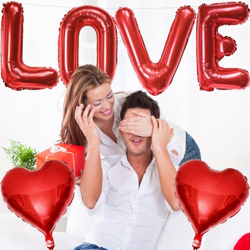 Image of Love Balloons Banner and Heart Shaped Balloon, Love Balloons Decorations for Him Her I Heart You Valentines Day Balloon for Valentine Day Romantic Wedding Anniversary Engagement Party Supplies