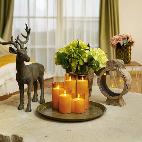 Image of Homemory Amber Flickering Flameless Candles, Battery Operated Acrylic LED Pillar Candles with Remote Control and Timer, Fall Candles, Set of 5