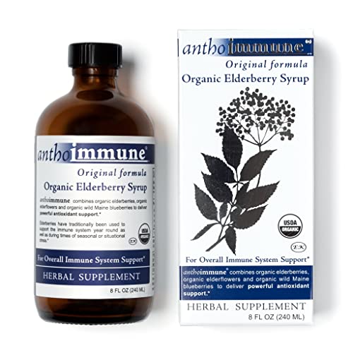 Maine Medicinals Organic Elderberry Syrup - Anthoimmune - Immune Support Supplement for Adults and Kids- USDA Organic Ultra-Premium Black Elderberry Formula (8 oz) 48 Servings