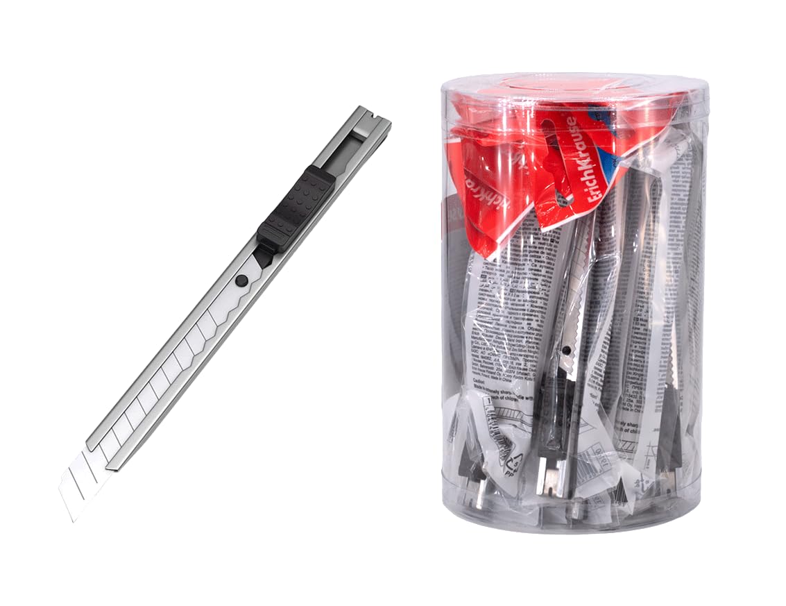 Cuttermesser 9mm 24 Stück Metallgehäuse - Universalmesser mit Stahlklinge und Auto-Lock - Teppichmesser mit robustem Gehäuse aus Metall silber